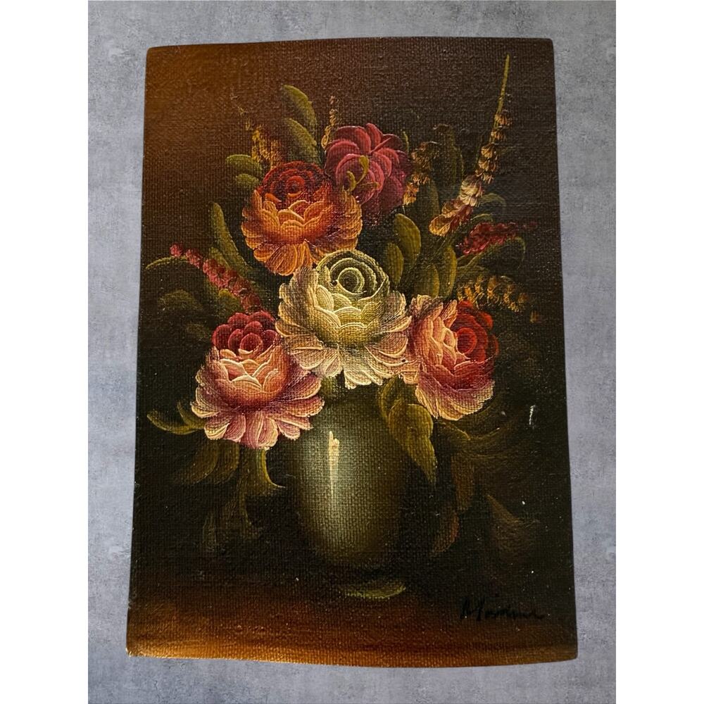 Vintage Floral Oil Painting Original Signed Rose Still Life Small Canvas 1960s